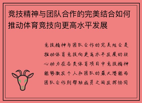 竞技精神与团队合作的完美结合如何推动体育竞技向更高水平发展