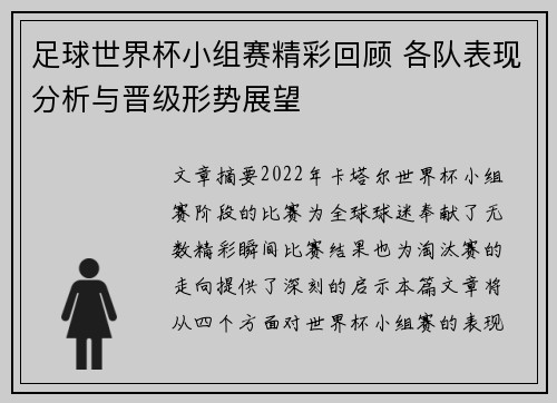 足球世界杯小组赛精彩回顾 各队表现分析与晋级形势展望