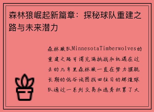 森林狼崛起新篇章：探秘球队重建之路与未来潜力