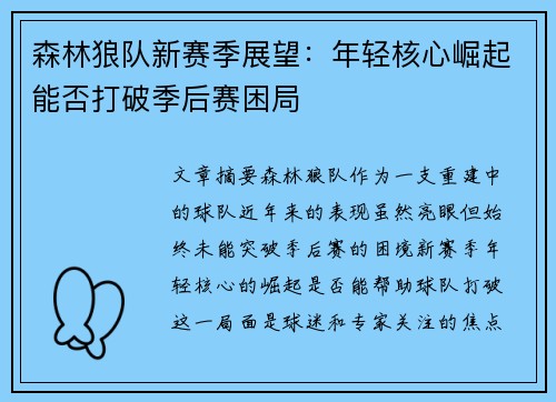 森林狼队新赛季展望：年轻核心崛起能否打破季后赛困局